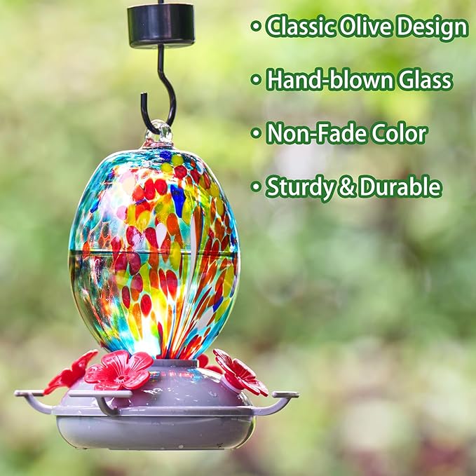 Muse Garden Hand Blown Glass Hummingbird Feeder - 19OZ Plastic Base Humming Bird Feeders for Outdoors Hanging, Garden Decor Gifts for Bird Lovers, Blue Fireworks