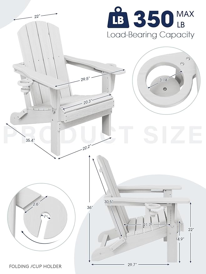 KINGYES Folding Adirondack Chair Set of 6, Dual Cup Holders & All-Weather HDPE, Wood-Like Patio Chair for Backyard, Camping, Pool & Fire Pit, White