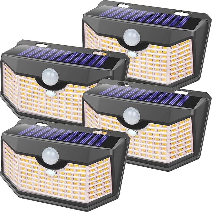 HMCITY 120 LED Outdoor Solar Lights- with Motion Sensor and 3 Lighting Modes, IP65 Waterproof Wide Solar Wall Lights Ideal for Garden Patio Yard (Front Button 4Packs, Warm White)