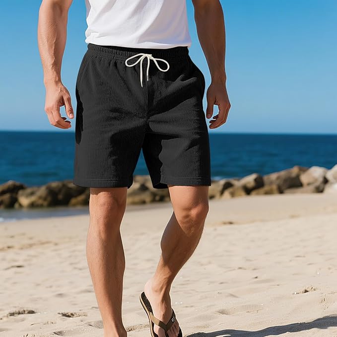 Mens Cargo Shorts Casual Drawstring Elastic Waist Corduroy Summer Beach Shorts with Pockets