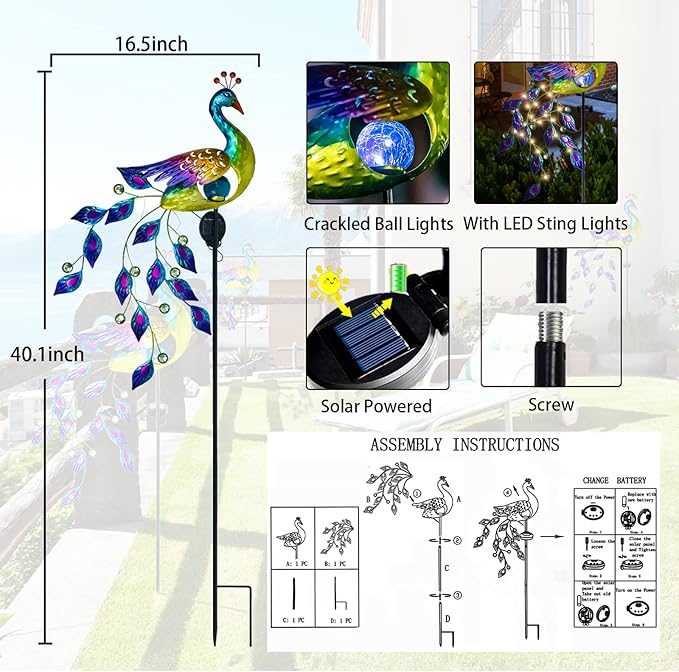 DREAMSOUL Solar Garden Lights Outdoor, Metal Peacock Decor Solar Lights Garden Stakes with Led String Lights, Waterproof Crackle Glass Ball Landscape Path Light for Lawn Patio