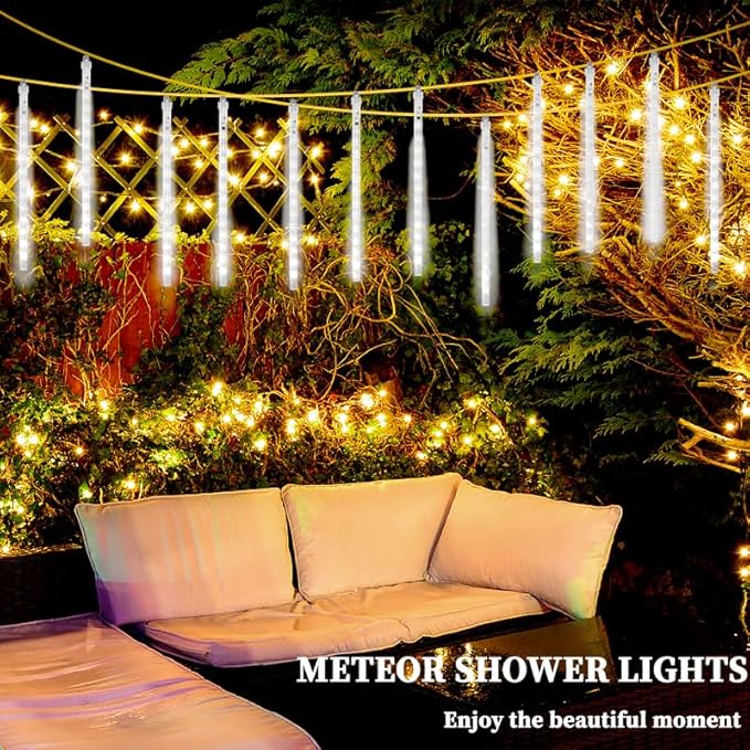 High Brightness 10 Tube 360 LED 12 Inch Meteor Shower Rain Lights Cascading Falling Rain Outdoor Lights for Christmas Roof Eaves Tree Decoration Icicle Raindrop