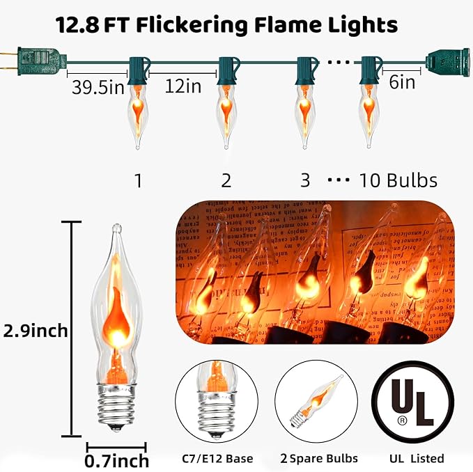 12.8Ft C7 Christmas Lights Flickering Flame String Lights with 12 Pack Clear Flame E12 Light Bulbs(2 Spare), Great for Christmas Decorations Indoor Outdoor Home Patio Party Lights, Green Wire