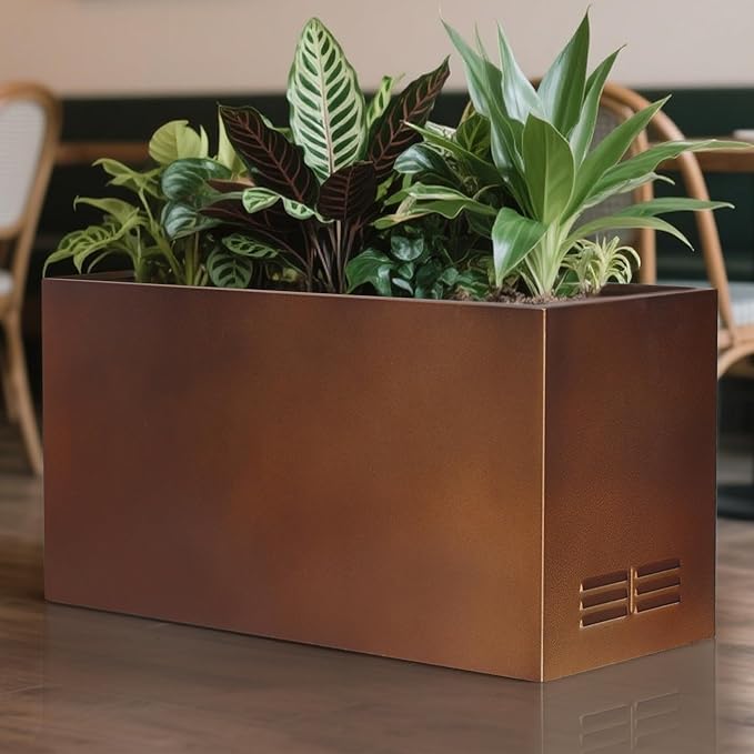 Worth Garden Metal Planter Box - 30" L x 11" W x 13" H Matte Bronze Heavy Duty Large Rectangular Steel Modern Plant Pot, Indoor Outdoor - Insert Plate with Drain Holes, Air Vents, No Assembly Required
