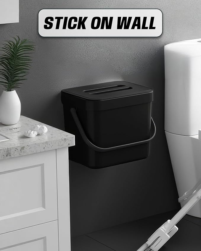 Countertop Compost Bin Kitchen, 1.8 Gallons Hanging Trash Can with Lid for Kitchen Cabinet Door, Under Sink, Wall Mounted Waste Bin for Bathroom, 7L(Black)