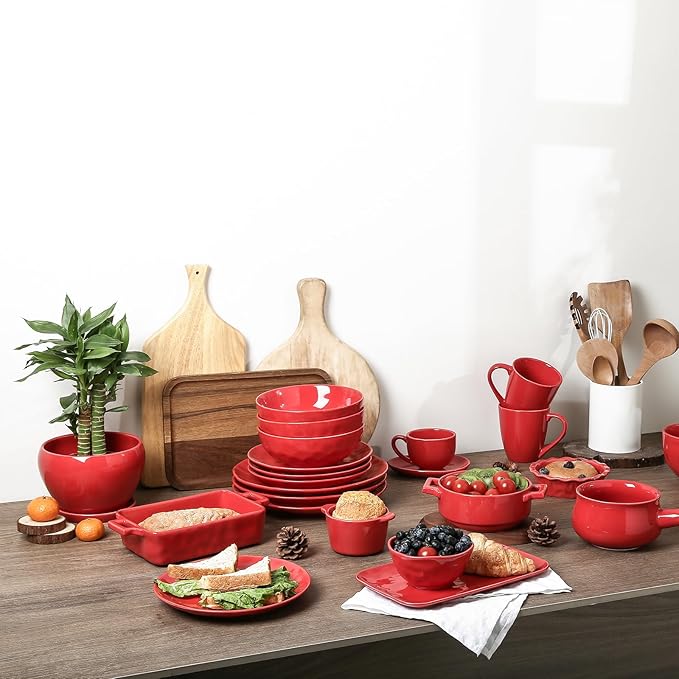 vicrays Ceramic Plant Pots Indoor - 6.5 Inch Planter Pot with Drainage Hole and Saucer for Succulent Orchid Flower Herbs Cactus - Ideal for Gardening Home Desktop Office Decor - Red