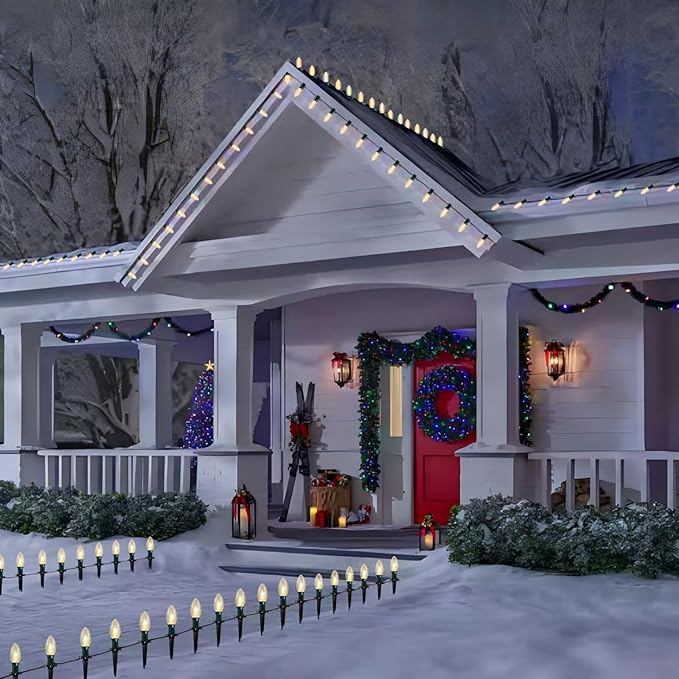 38Ft Christmas Pathway String Lights Outdoor with C9 25 Clear Christmas Pathway Marker Stakes Lights, Extendable C9 Outdoor Walkway Lights for Outside Xmas Party Holiday Backyard Commercial Decor