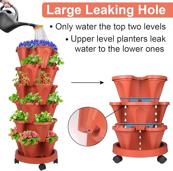 DUNCHATY Stackable Planters 6 Tier Vertical Garden Planting Tower Planters Strawberry, Herb, Flower, and Vegetable Planter Indoor Outdoor Gardening Pots with Removable Wheels and Tools, 2 Bundle