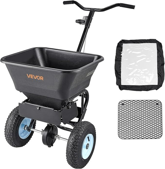 VEVOR Broadcast Spreader, 100LBS4Capacity, Walk-Behind Push Spreader, 0-9.8ft Spreading Width, 13 in All Terrain Pneumatic Tires, Lawn Spreaders with Hopper Grate, for Seed, Fertilizer, Salt, Ice Melt