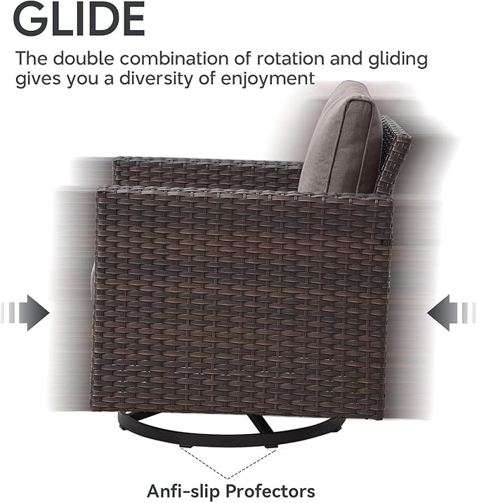 7 Piece Wicker Patio Furniture Set - Outdoor Swivel Rocker Chairs Set with Coffee Table, Side Table, 3 Seat Sofa & Ottomans, Small Patio Conversation Sets for Balcony Deck - Brown/Grey