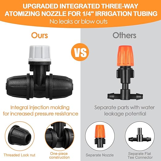 Upgraded Micro Spray Irrigation Drippers, 24 Pieces Three-Way Atomizing Nozzle Fitting for 1/4 Inch Tubing Lock Barbed Drip Line Parts Emitters for Garden Greenhouse Sprinkler Misting System