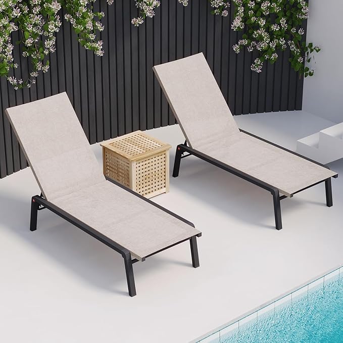 Patio Chaise Lounge Set of 2 with 4 Adjustable Backrest, Foldable Aluminum Chaise Lounge Chair Recliner for Outdoor, Poolside, Sun Tanning Beige