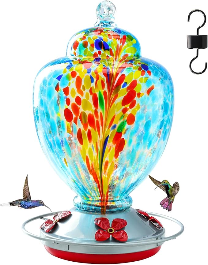 Yinns Glass Hummingbird Feeder for Outdoor Hanging Ant and Bee Proof, Hand Blown Glass Feeder with Ant Moat, Backyard Decoration, Garden Gifts for Women