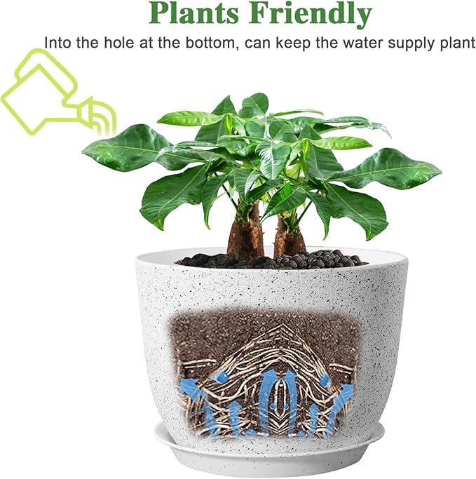 12/10/9 Large Modern Plant Pots, Plastic Planters with Drainage Holes and Saucers for Indoor Outdoor Plants Flowers, White Speckles