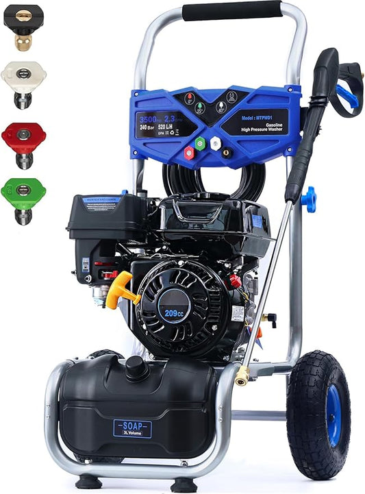 Gas Pressure Washer 3500 PSI 2.3 GPM, Power Washer with 209CC Engine, 25FT Hose, 4 Nozzles, High Pressure Cleaner for Cars, Driveways, Patios, Fences, Home Outdoor Cleaning