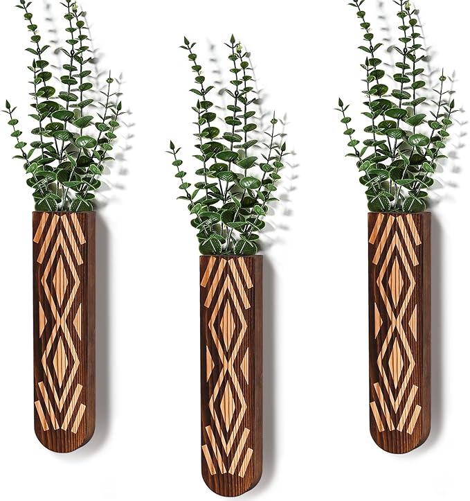 Wooden Wall Planter Set of 3 - Modern Bohemian Home Decor for Living Room, Bedroom, Bathroom - Versatile Walnut Finish Planter for Dried Flowers, Faux Greenery, and Indoor Plants