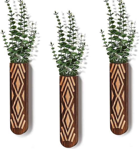 Wooden Wall Planter Set of 3 - Modern Bohemian Home Decor for Living Room, Bedroom, Bathroom - Versatile Walnut Finish Planter for Dried Flowers, Faux Greenery, and Indoor Plants