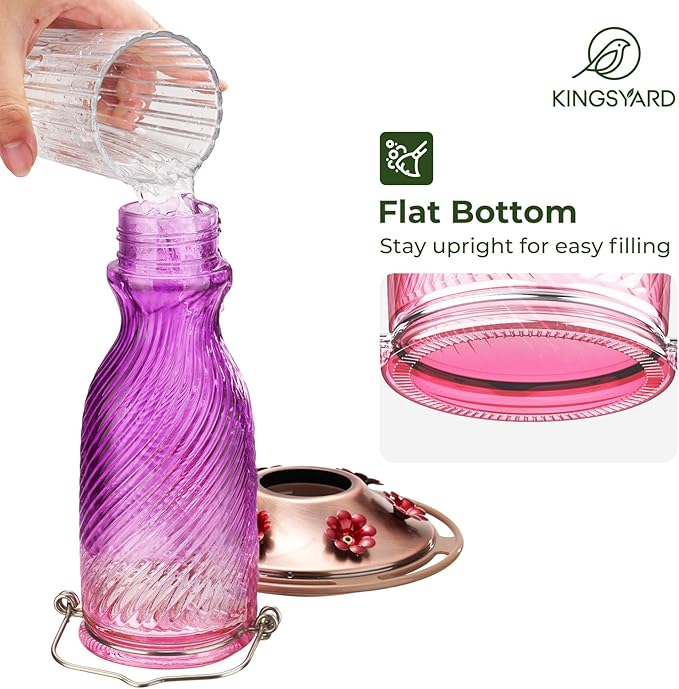 Kingsyard Glass Hummingbird Feeders for Outdoors, 24 oz Hummingbird Nectar Feeder for Outdoors Garden Yard D�cor, 6 Feeding Ports, Ant Moat Included, Easy to Clean & Refill, Purple