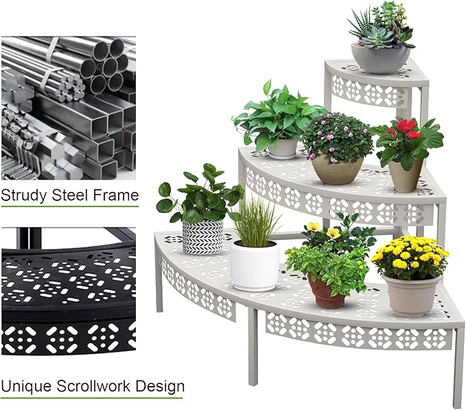 aboxoo 3 Tier Plant Stand Semi-Circular Flower Pot Organizer Rack Quarter Round Plant Display Holder Outdoor Storage Shelves Metal Corner Shelf Planter Shelving Ladder Plant Stand for Indoor