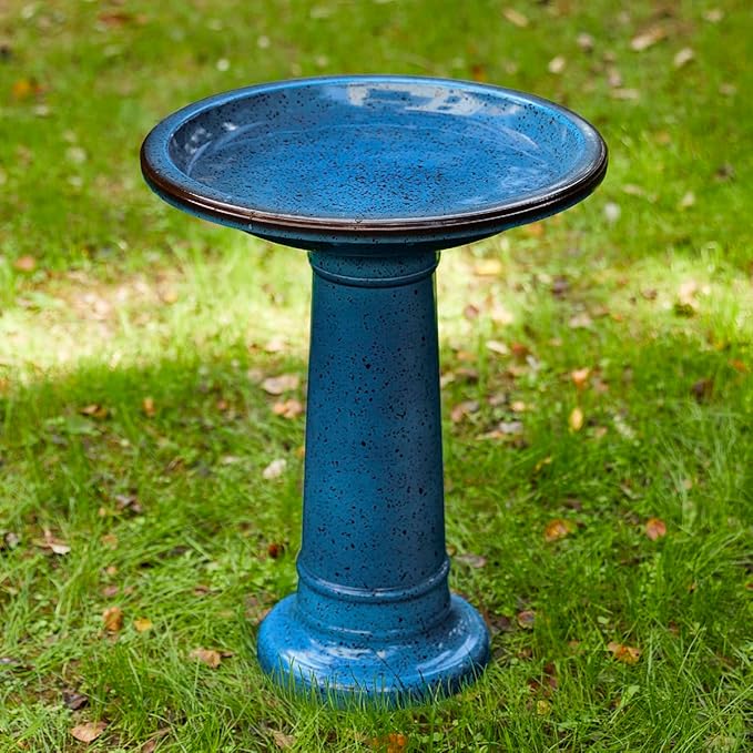 Glitzhome 21.5" H Plastic Cobalt Blue Faux Ceramic Bird Bath for Outside, Hand-Painted Tall Pedestal Style Birdbath for Outdoor Patio Garden Backyard Decking