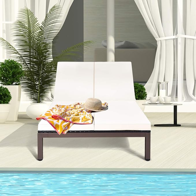 Tangkula 2-Person Patio Lounge Chair, Outdoor Rattan Double Wicker Daybed Chaise with Adjustable Backrest Wheels & Cushion, Loveseat Sofa for Garden Lawn Backyard (Cream)
