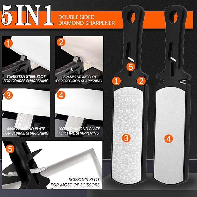 Diamond Sharpening Stone,400/1000 Grit Handheld Double-Sided Diamond Sharpener 5 in 1 Honeycomb Surface Knife Sharpener Plate Whetstone with Ceramic & Tungsten Steel Scissor Slot,Black