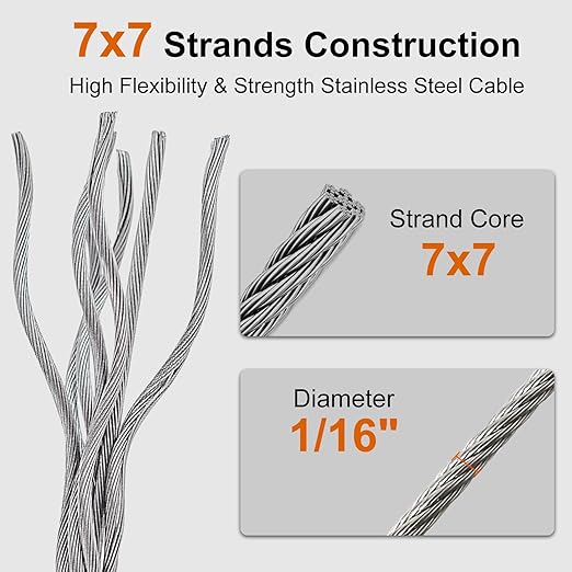 100FT 1/16" Wire Rope Kit, 7x7 Marine Stainless Steel Strand Core, T316 Strength for Hanging, Aircraft, Yard, Garden, Deck Railing, Trellis Wire with Crimping Sleeves, Thimbles, Cable Cutter