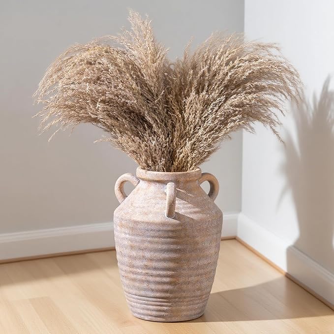 Vintage Terracotta Ceramic Vase with Handles, Rustic Beige Pottery Tulip Vase for Cottage Core Home Mantle Decor, Farmhouse Table Centerpieces, Large Bulk Flower Vases Jarrones Decorativos para Sala