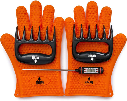 Meat Claws Bbq Grill Accessories Set - 2 Silicone Gloves, Claws For Pulled Pork, BBQ Thermometer - Perfect Smoker Accessories Grilling Tools Gift Set For (Orange Glove-Thermometer-Claw)