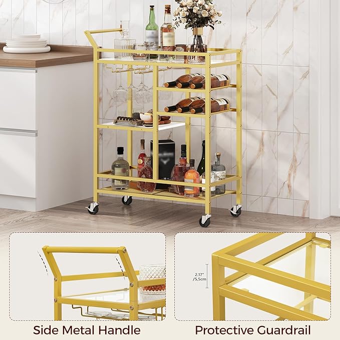 Bar Cart for Home, 3-Tier Serving Cart with Glass Top, Beverage Cart with Wine Rack and Glass Holder, Drink Cart with Wheels, for Dining Room, Living Room, Gold and White RCJM71B01