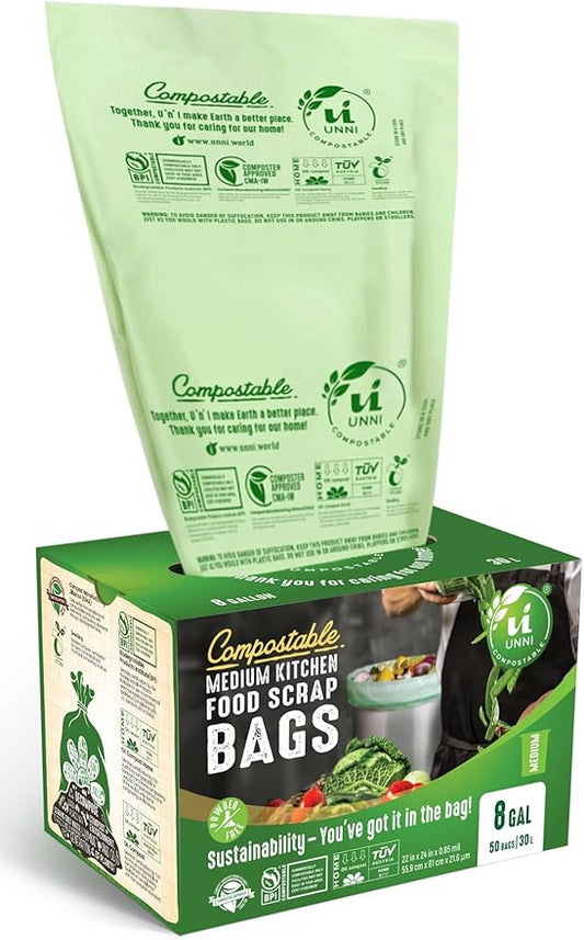 UNNI Compostable Trash Bags, 8 Gallon / 30 Liter, 100 Count, Extra Thick 0.85 mil Medium Kitchen Food Scrap Bin Liners, Certified by BPI, CMA & OK compost HOME, Meets the ASTM D6400 Standard