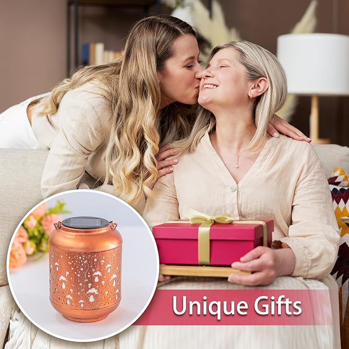 2 Pack Mushroom Solar Lanterns Outdoor Waterproof Hanging Solar Lights Mushroom Gifts for Women Men Mom Metal Decorative LED Outdoor Lanterns for Patio,Lawn, Landscape, Garden Decor, Yard Decoration