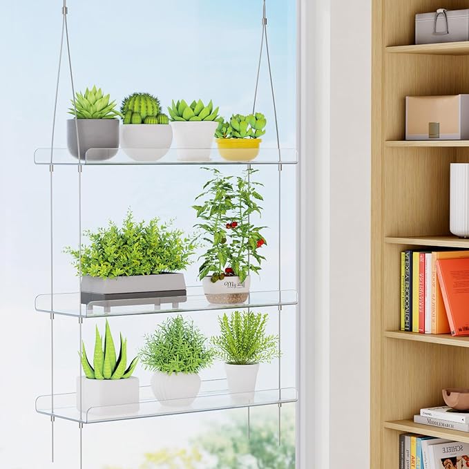 Lifewit 2-Tier Window Plant Shelves 15 inch, Acrylic Adjustable Hanging Floating Shelf, Window Sill Extender for Indoor Succulent Plants, Micro Greens, Seed Starter Pots, Herb Planters