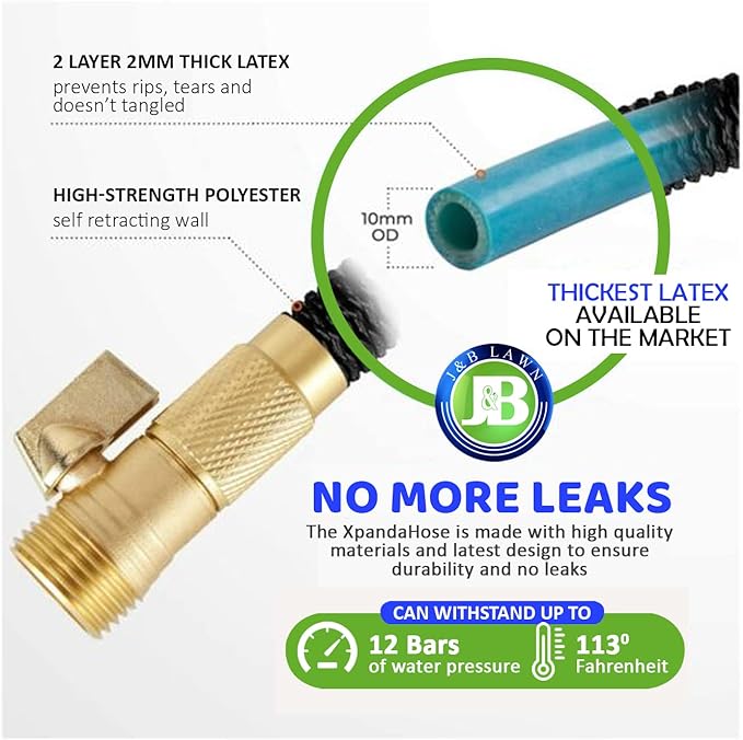 J&B XpandaHose 75ft Expandable Garden Hose with Holder - Heavy Duty Superior Strength 3750D - 4 -Layer Latex Core - Extra Strong Brass Connectors and 10 Spray Nozzle w/Storage Bag (Black 75)