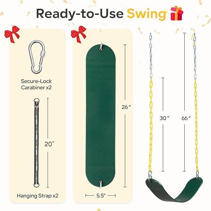 Decorlife Outdoor Swings Seats with 66" Rust-Resistant Heavy Duty Chain, Playground Swing Set Accessories Replacement Anti-Slip Seats, Backyard Swing Support 330lb for Kids or Adults (Green)