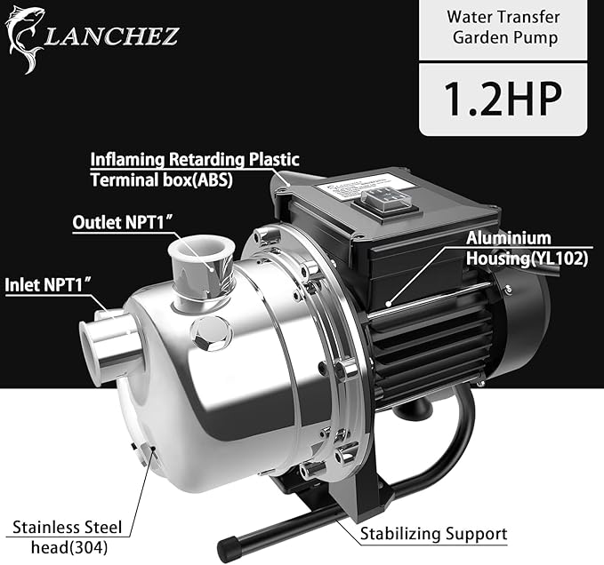 LANCHEZ 1/2 HP Shallow Well Garden Pump, Portable Stainless Steel Water Transfer Draining Irrigation Pump for Lawn Fountain, 960 GPH, 125 Feet Height