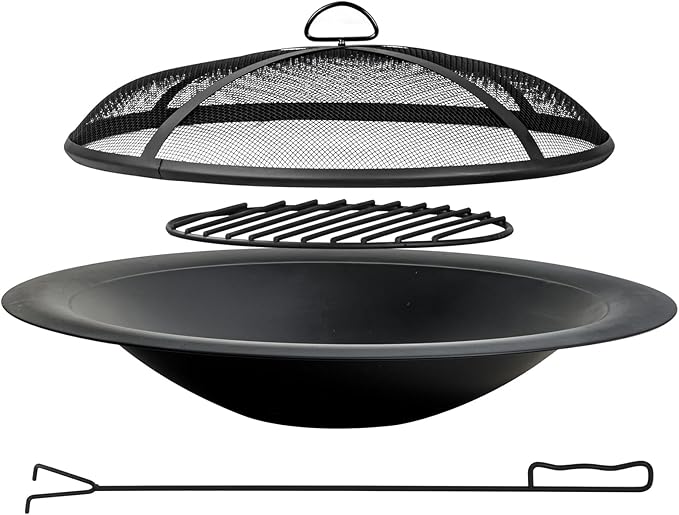 35 inch Steel Fire Pit Bowl for DIY or Replacement Existing Fire Pits, Wood Burning Fire Pit Bowl with Spark Screen &Fire Poker, Fireplace for Backyard, Porch, Deck, Camping, BBQ(Smooth)