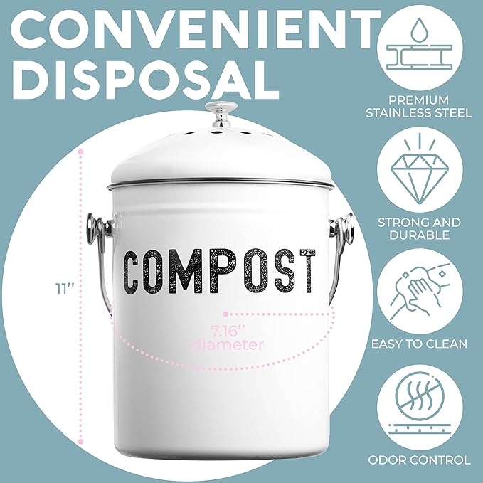 EPICA Countertop Compost Bin Kitchen | 1.3 Gallon | Odorless Composting Bin with Carbon Filters | Indoor Compost Bin with Lid | Stainless Steel Kitchen Composter for Food Scraps & Waste Recycling