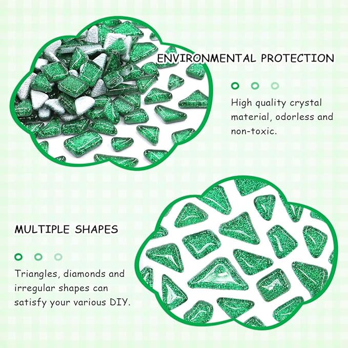 Swpeet 1 Pound Green Shine Crystal Series Mosaic Tiles Assortment Kit, Square and Triangle Genuine Mosaic Tiles Glitter Crystal Mosaic Perfect for Home Decoration Crafts