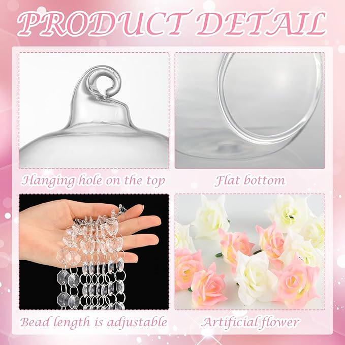 24 Sets Hanging Glass Candle Holder Wedding Glass Globe with Acrylic Gems Bead Garland Tea Light Holder Orbs Container for Flower Plants Micro Landscape DIY Xmas Tree Party Decoration 2.36 Inch