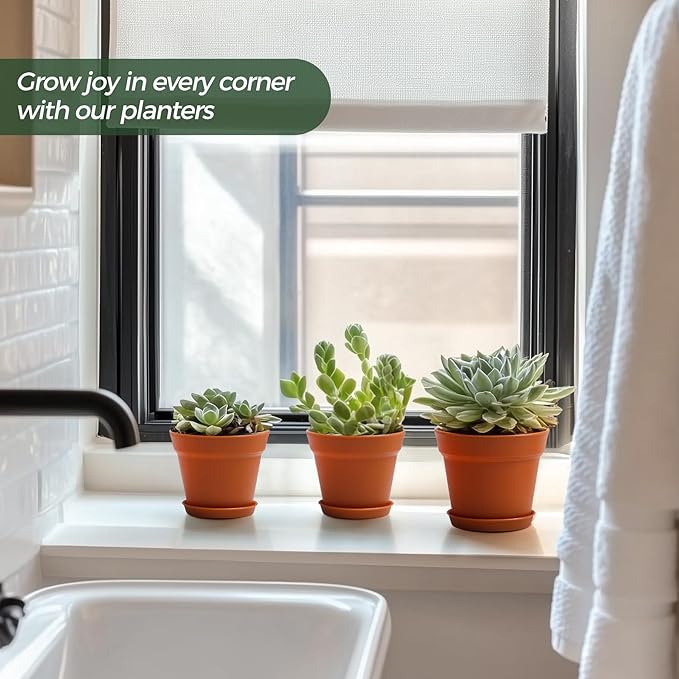 T4U 4 Inch Plant Pots 8-Pack, Small Flower Pots with Drainage Hole and Saucer, Decorative Nursery Pot Bulk for African Violet, Snake Plant, Succulent, Herb and Plants Indoor (8 Pcs 4" Pots)