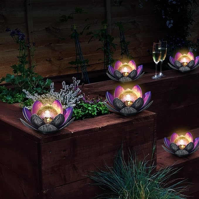 WNP Solar Powered Outdoor Decorative Lights Waterproof Lotus Flower with Crackle Glass Globe and Metal Base for Garden Patio Pathway Yard Tabletop Decor,Birthday Gift for Mom Sister Grandma