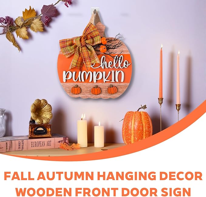 3D Hello Pumpkin Wooden Fall Wreath for Front Door | Fall Autumn Hanging Decor with Bow & Wreath | Farmhouse Harvest Thanksgiving Decor for Porch, Wall | Indoor Outdoor Home (Color-Pumpkin-D)