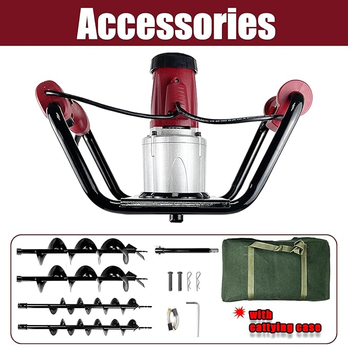 JACKCHEN 1500W Electric Post Hole Digger with Reverse, Double Handle Earth Auger with Storage Bag, 2×6"and 2×4" Auger Bit Earth Auger Drill, Ideal for Installing Fence Post, Drilling, Planting Trees