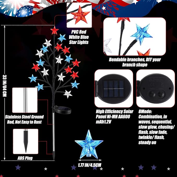 6 Pcs Solar 4th of July Decorations Outdoor Lights 8 Modes Star Stake Lights Waterproof Solar Patriotic Decorations Lights for July 4th Memorial Day Garden Yard Pathway