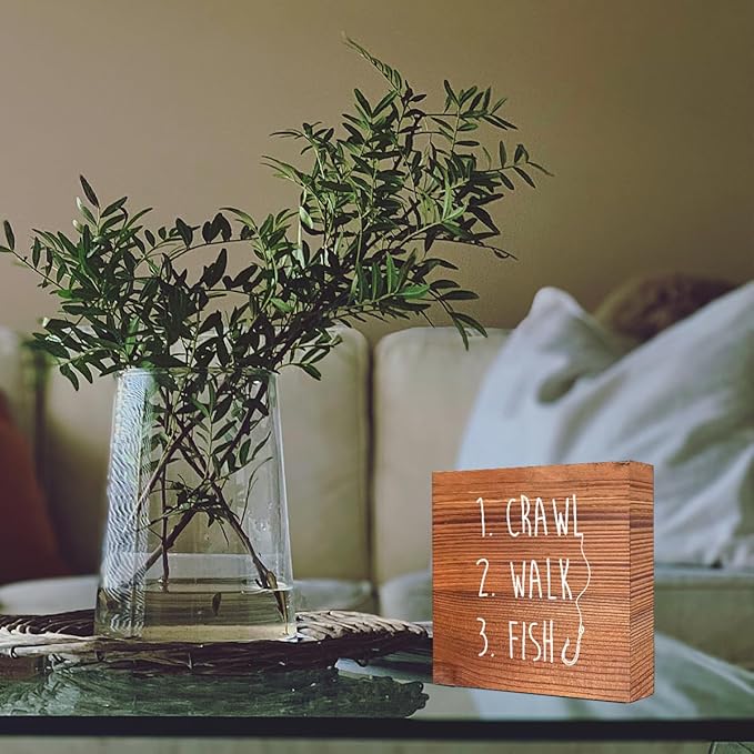 Brown Country Crawl Walk Fish Rustic Wooden Sign Desk Decor,Funny Baby Fishing Wood Block Sign Desk Decorations for Home Bedroom Baby Room Shelf Table Decor