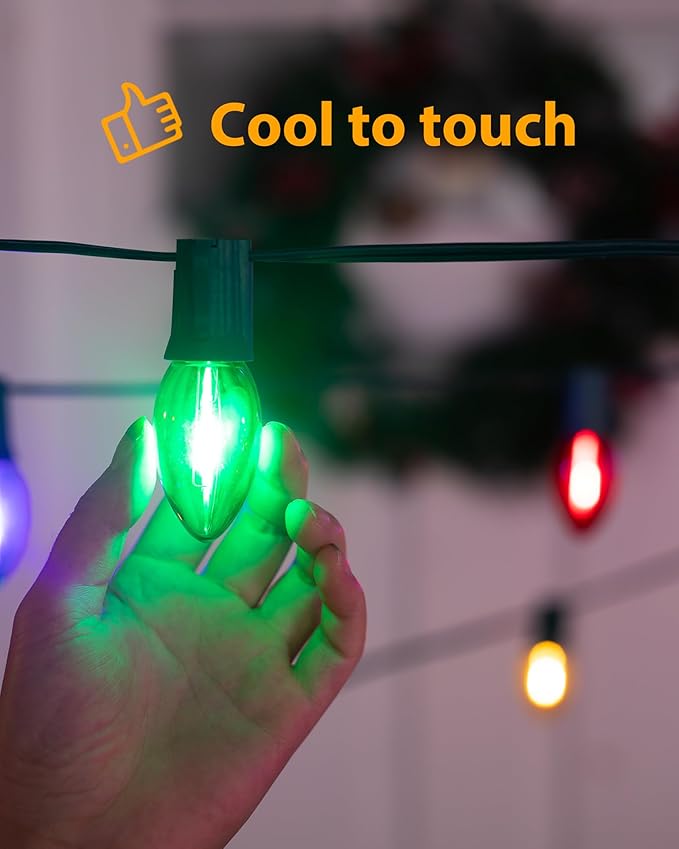 Vintage C9 LED Christmas Lights Outdoor, 50 Feet C9 String Lights with 50 Colored Shatterproof Bulbs, Connectable Waterproof Lights for Holiday Party Roofline Backyard Garden Patio, Green Wire