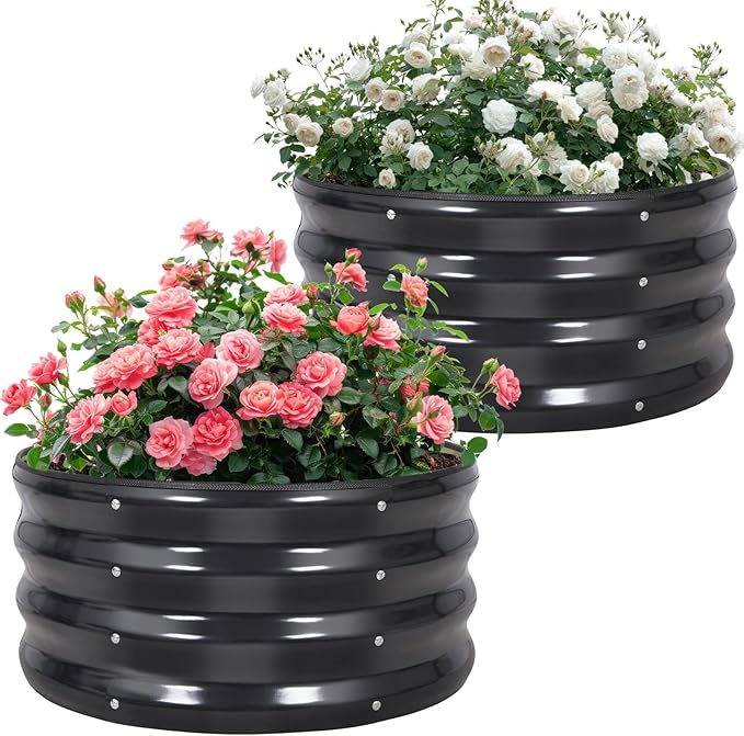 Galvanized Raised Garden Bed- 2Pcs 2x2x1FT Metal Planter Boxes Outdoor | Round Steel Raised Bed Kit & Fire Pit Ring for Gardening with Protective Tape, Gloves for Vegetables, Flower (Grey)