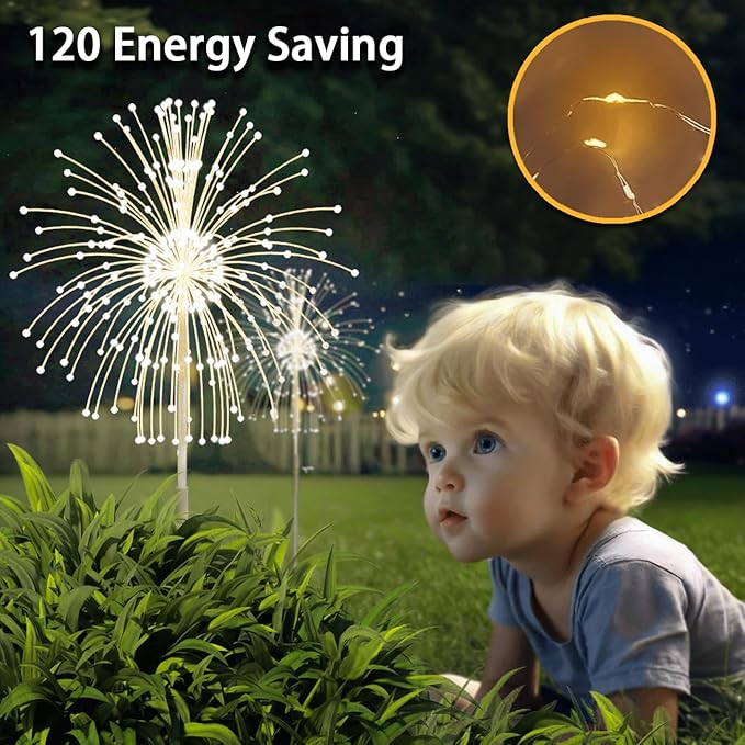 Honche Solar Garden Lights, 2 Pack Decorative Solar Outdoor Lights Weatherproof IP65 8 Lighting Modes Firework Lights for Garden Patio Counrtyards Pathway Parties (WarmWhite-8LightingMode-Oval)