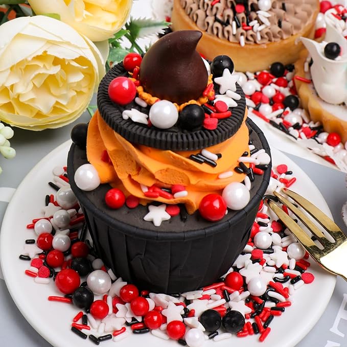 Red White and Black Sprinkles for Cake Decorating, Edible Sprinkle Mix, Perfect for Cake Decorations, Baking, Ice Cream, Cookies, Cupcake Toppers